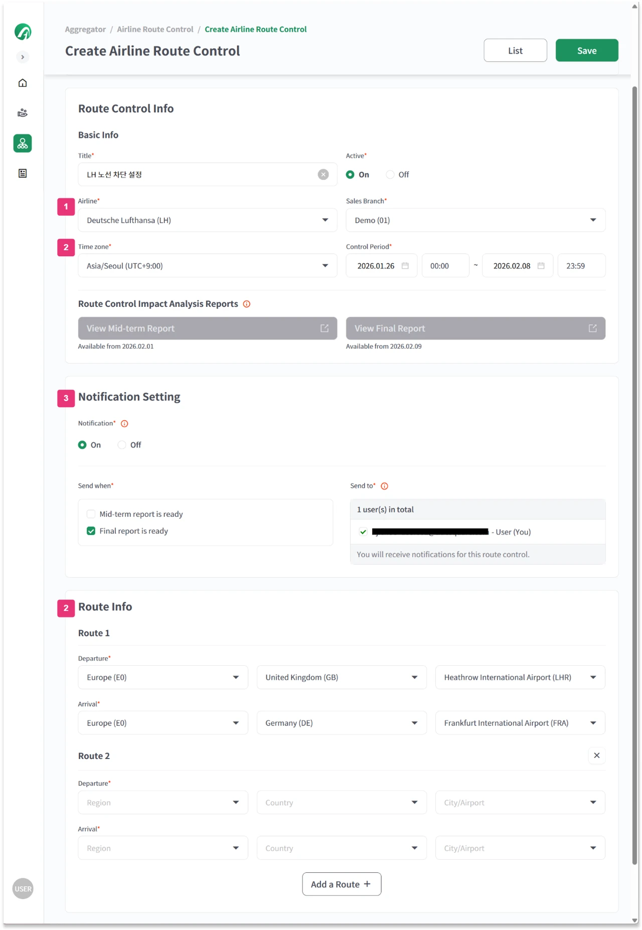 Albus Airline Route Control Settings